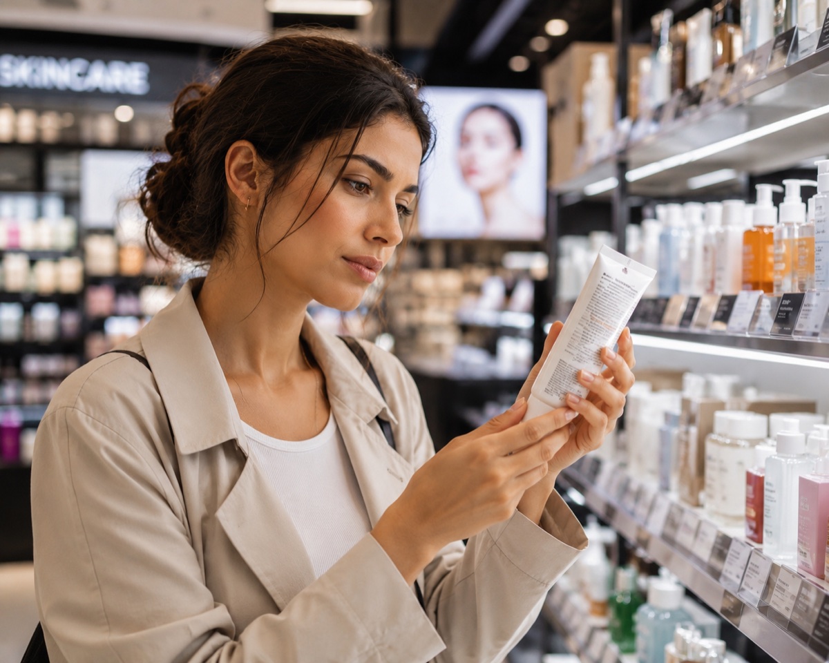 A woman in a skincare shop reading the label on the back of a product tube, with shelves of bottles behind her.
