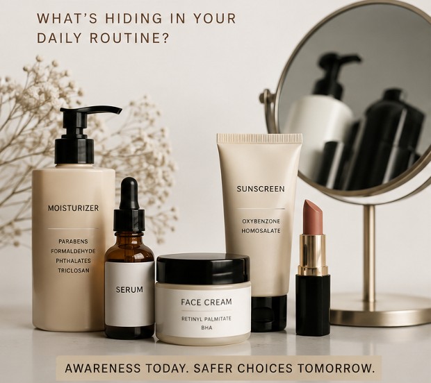 A moisturiser bottle, a serum, a face cream, a sunscreen tube and a lipstick arranged beside a round mirror, under the words “What’s hiding in your daily routine?”