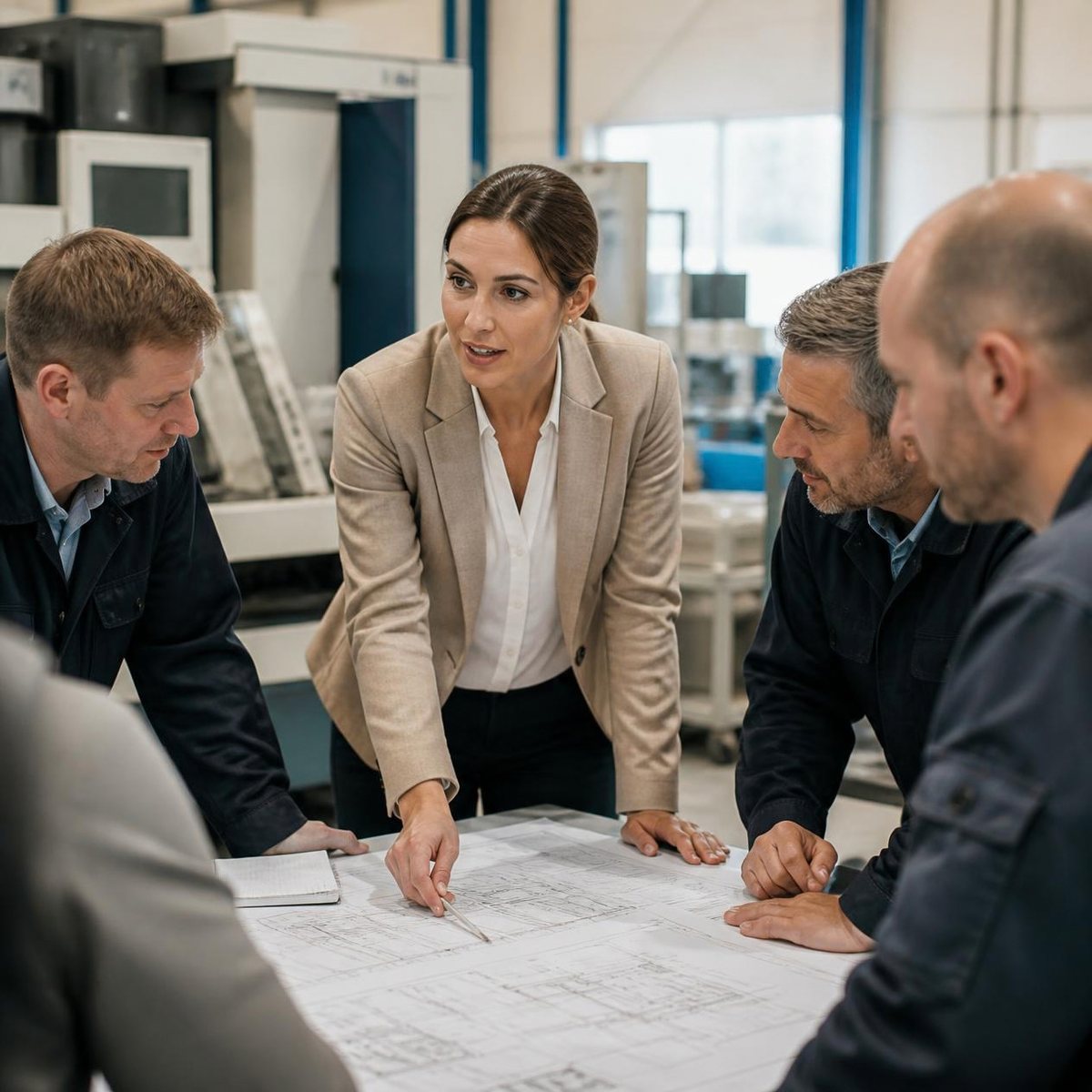 A woman in a beige blazer pointing at technical drawings spread across a table, with men gathered around it in an industrial workshop.