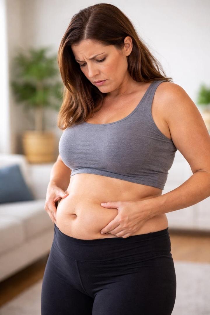 A woman in a grey crop top and black leggings standing in a living room, looking down with both hands on her lower abdomen.