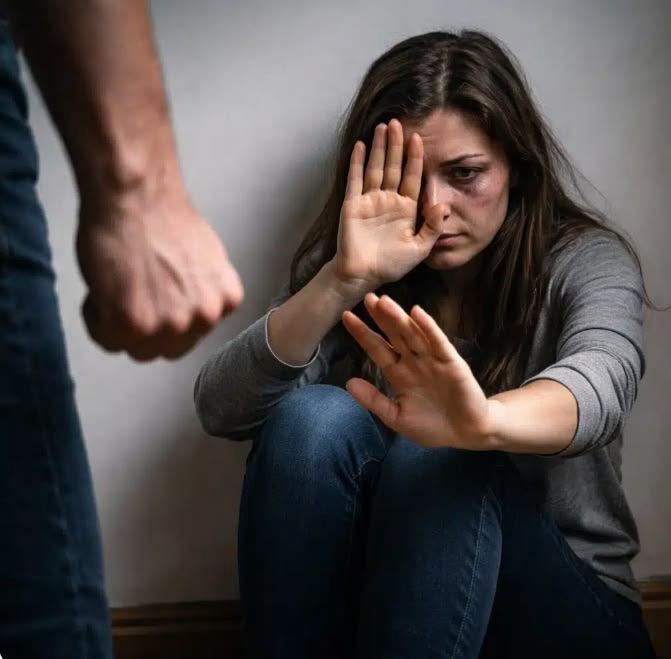 A woman sitting on the floor against a wall, both palms raised outward toward a clenched fist in the foreground.